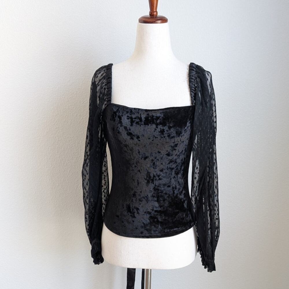 Anthropologie Porridge Black Velvet Lace Tie-Back Blouse Long Sleeve Top, sz XS